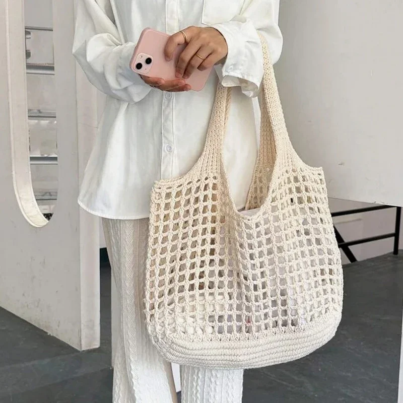 Fashion Crochet Bags for Women Summer Beach Tote Bag Raffia Aesthetic Totes Straw Handbag Bohemian Boho Woven Knit Shoulder Bag