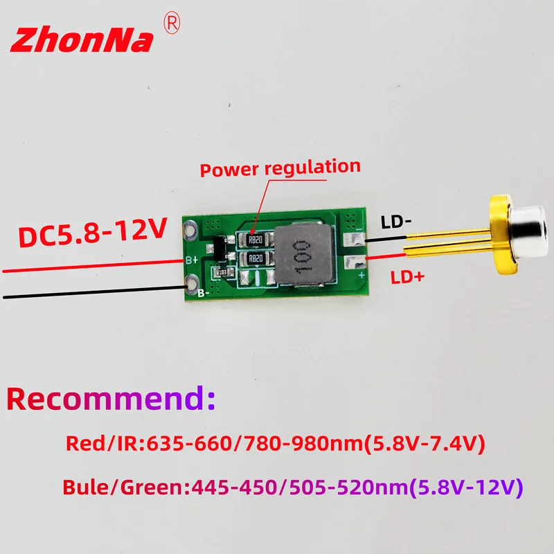 Sterownik lampy PCB z diodą laserową DC 5,8-12 V Wejście zasilania dla 450 nm 520 nm 638 nm 808 nm 980 nm Wysoka moc 100 do 1000 mW