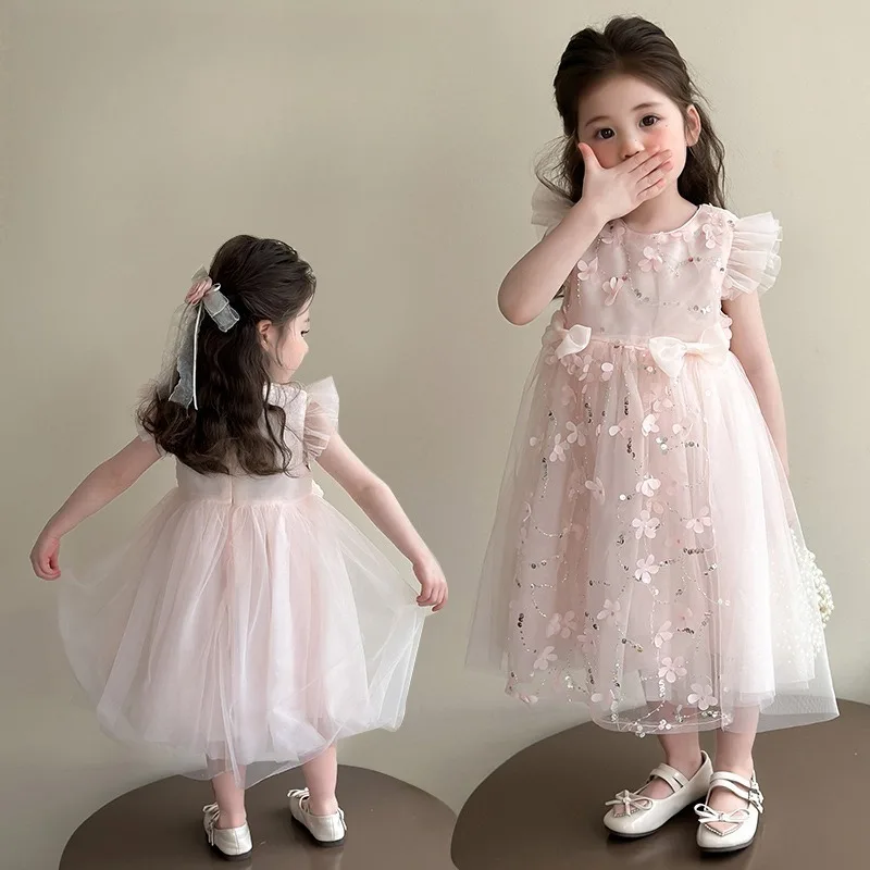 

Summer Fashion Girls Three-dimensional Roses Sequin Tulle Skirt Pink Princess Dress Cute Puffy Skirt A-Line Skirt Girl Dress