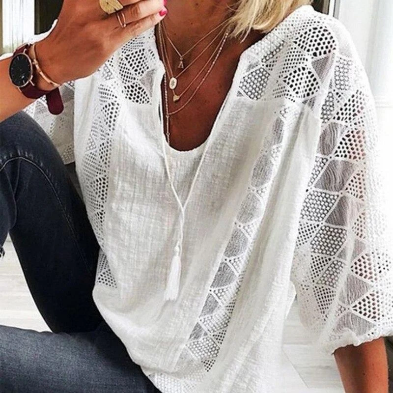 Fashion Summer Lace Stitching Women Blouse Female Tops White Shirts U-neck Three Quarter Sleeve Cotton Shirt Casual Loose Clothe