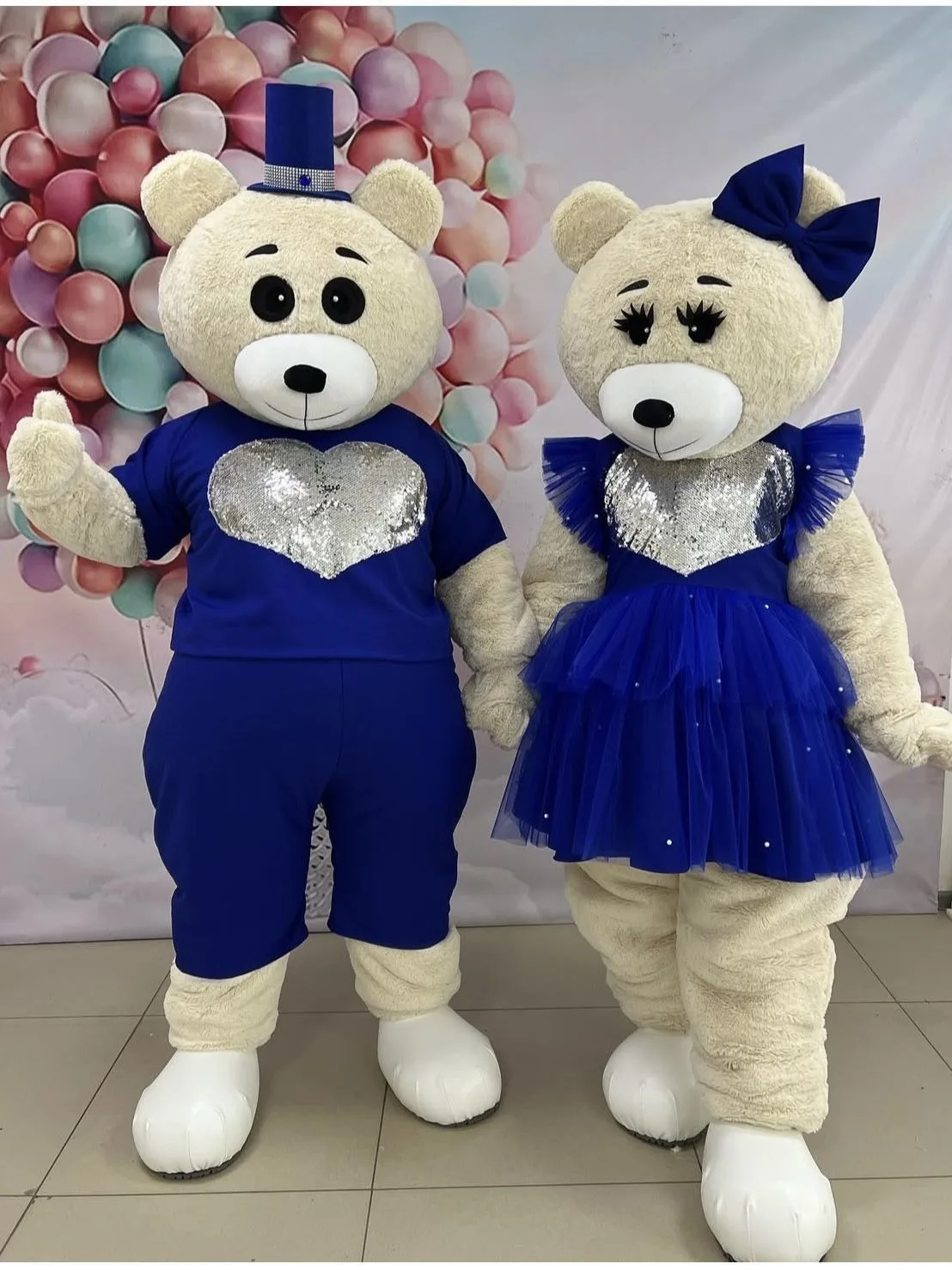 

Blue Yarn Dress with Heart Teddy Bear Mascot Costume Internet Celebrity Cartoon Walking Dolll Clothes Halloween Christmas Suits