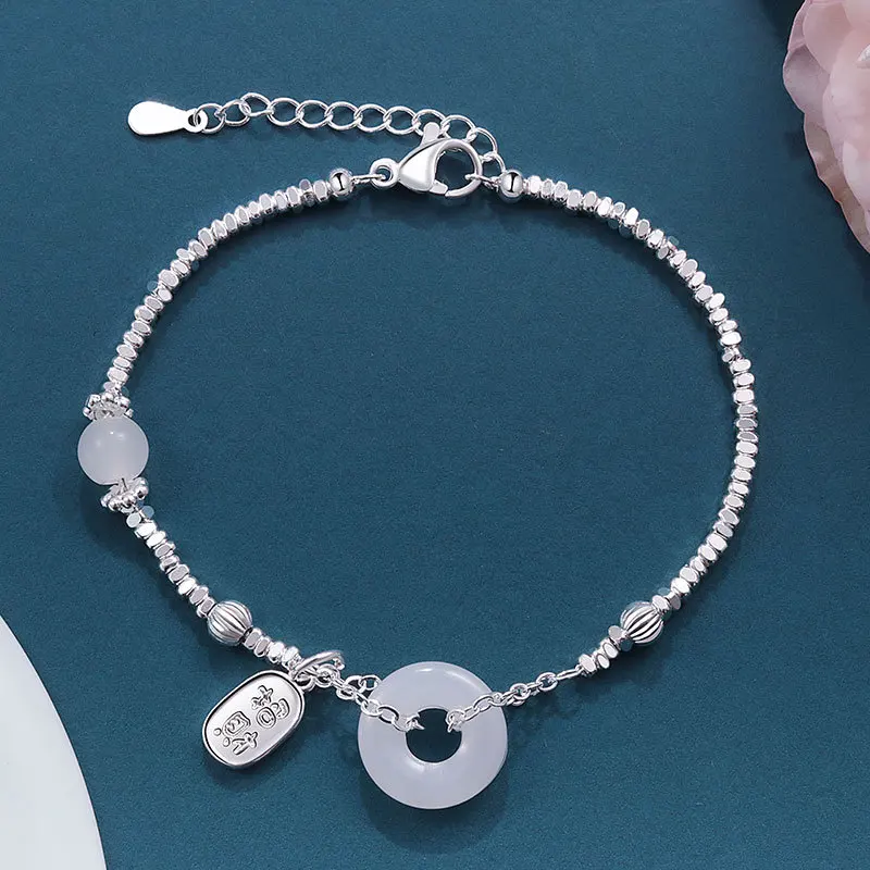 VENTFILLE 925 Sterling Silver Crushed Silver Bracelet For Women Gift Hotan Jade Peace Buckle Wealth And Fortune Pendant Jewelry