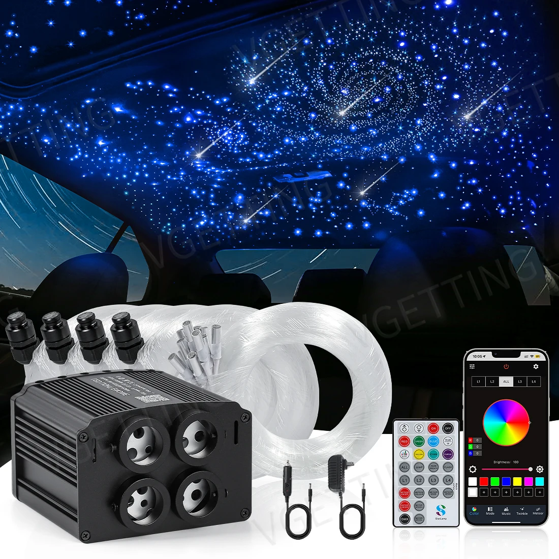 LED Fiber Optic Light Starry Sky Lamp APP Music Remote Control，4 Port Twinkle Car Roof Shooting Star Light RGBW Meteor Ceiling