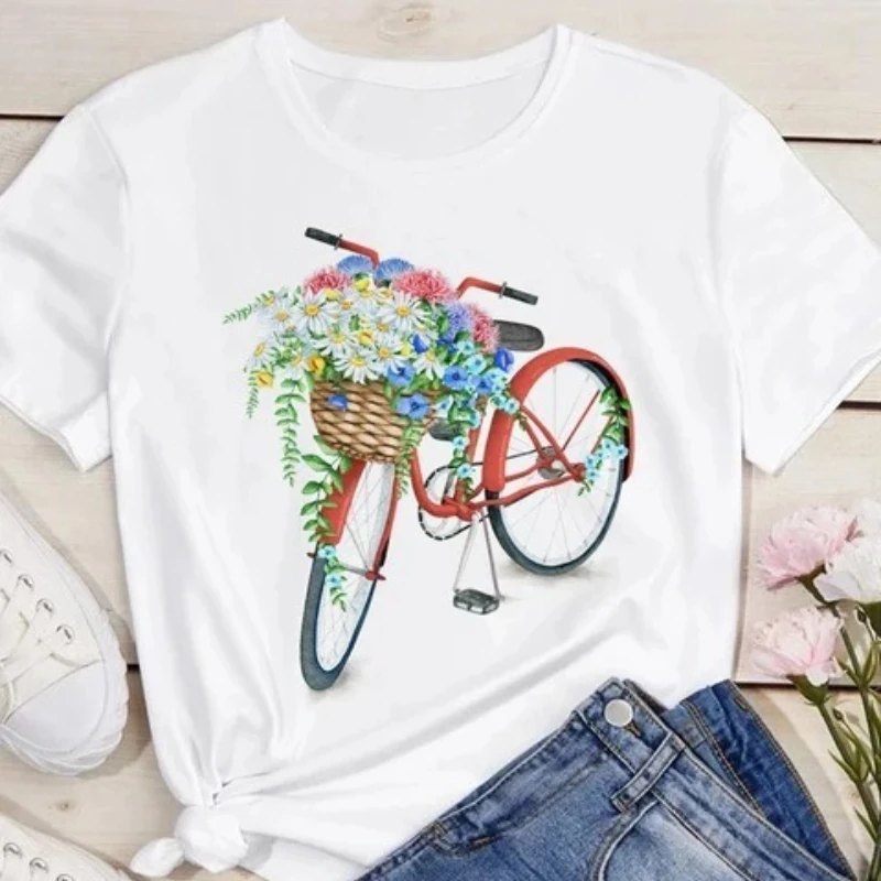 Spring Summer Ladies Floral Bicycle Pattern Fashion Cartoon Print White Letter T-shirt Woman Clothes Oversized T Shirt Tops Tee