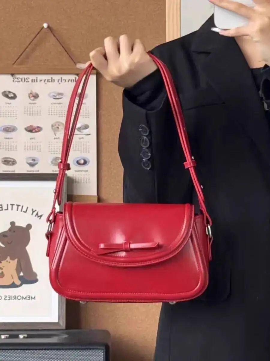 

Bloom Vintage Bow Red Handbag Women Versatile Leather Chic Underarm Shoulder Bags Y2k Ladies Square Messenger Bag 2025 New