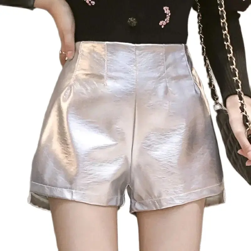 

Autumn Winter PU Leather Shorts Women 2024 New Pure Colour Casual Leggings Fashion Side Zipper Silver High Waist Shorts Female