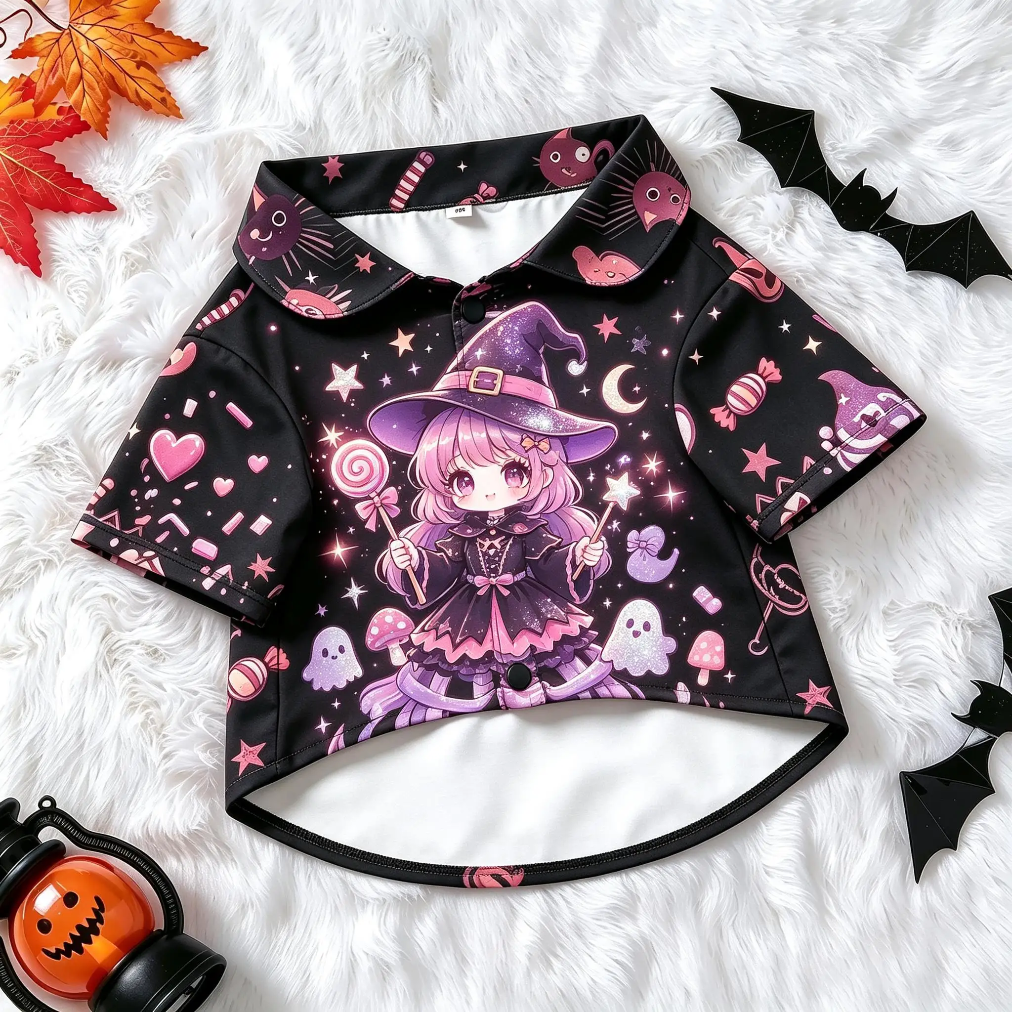 Pet Dog Shirt Anime Magic Girl Witch Lollipop Print Lightweight Button Up for Small Medium Dogs Cute Wizardry Theme Daily Wear