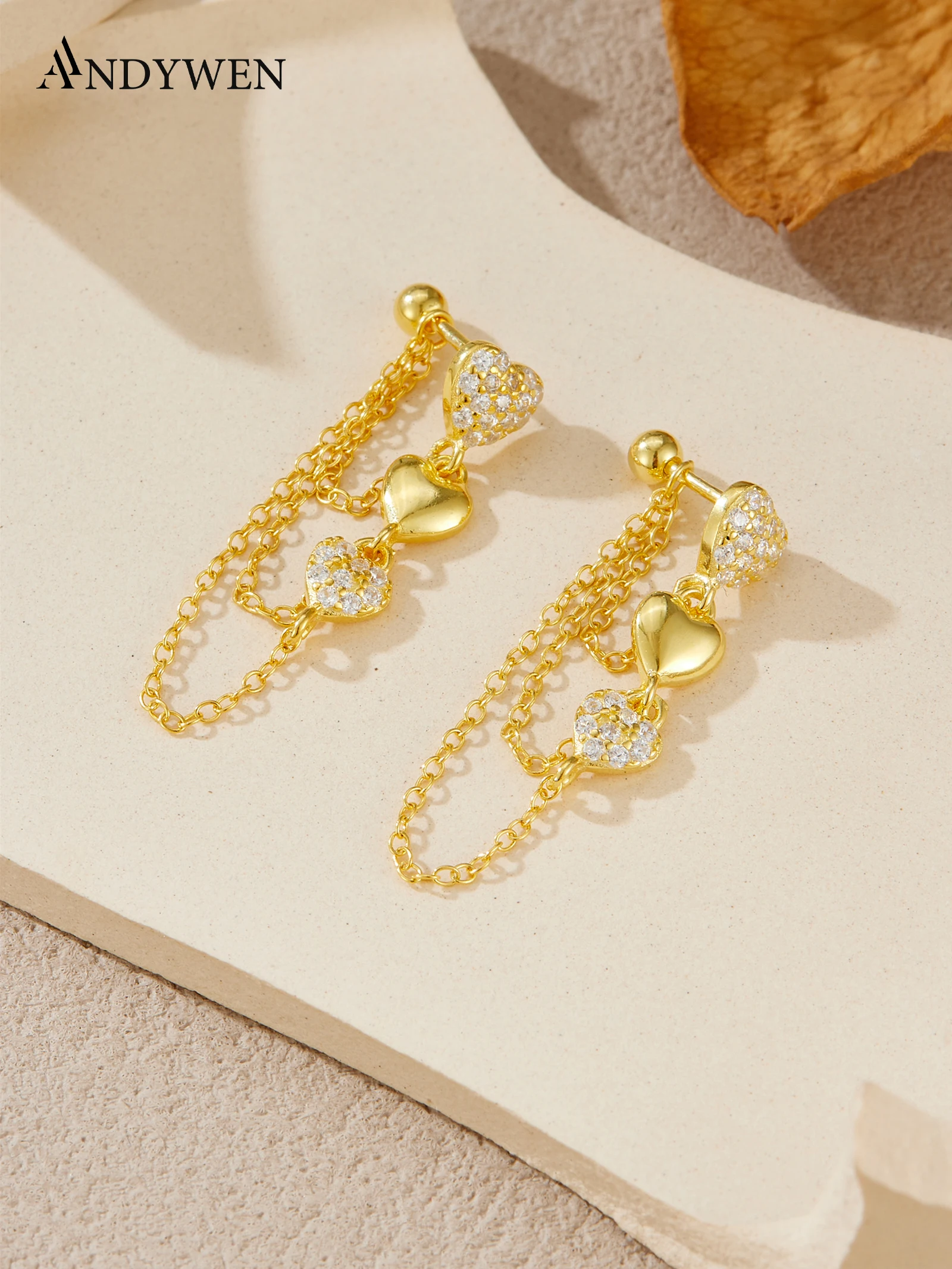 ANDYWEN 925 Silver Heart Fringe Earrings, CZ Studded Drops with Tassel Chain, Romantic Jewelry Gift Box, Women's Daily Wear