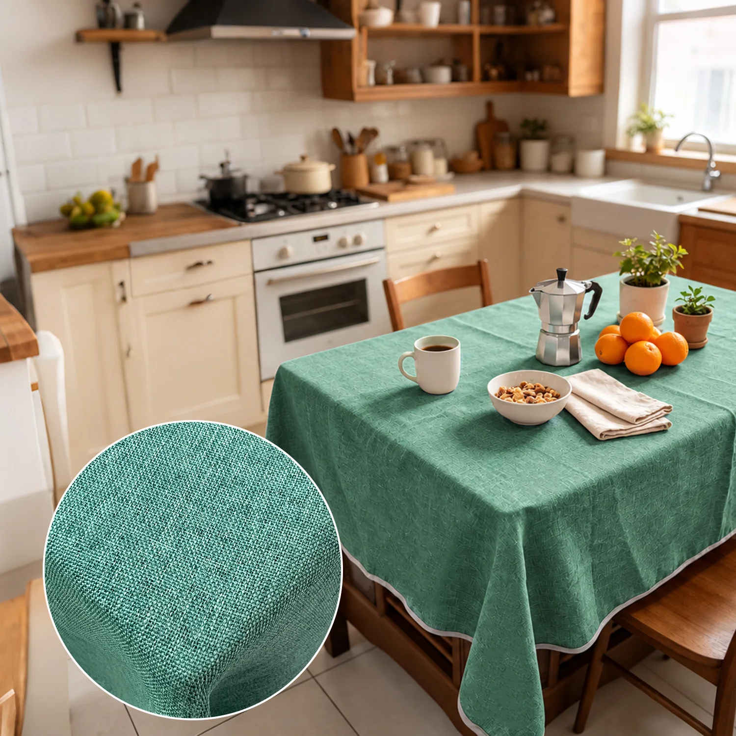 142cm Width Rectangle Fruit Green Linen Hemmed Tablecloth, Wrinkle Resistant Solid Cover, Waterproof Easy Clean For Dining