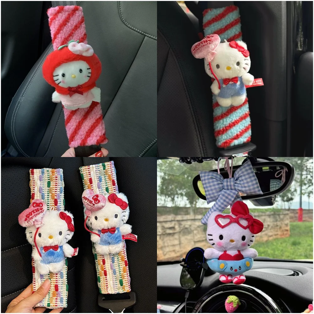 Anime Hellokittys Car Shoulder Protector Plush Doll Auto Rearview Mirror Pendant Decoration Accessories Car Seat Belt Cover