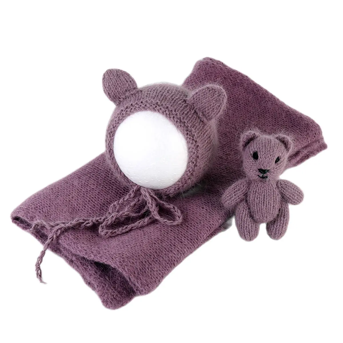 Angora – ensemble de tricot extensible pour nouveau-né, gris clair, avec Bonnet, ours en peluche, jouet, accessoires de photographie, pull Vintage pour bébé, chapeau