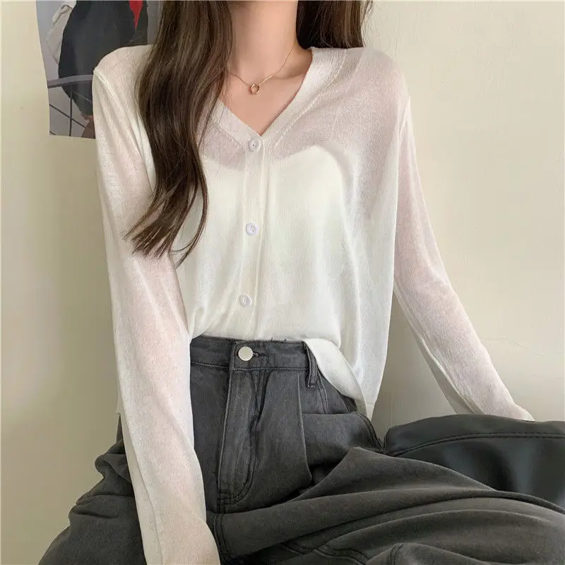 2022 New Cardigan Women Long Sleeve Cardigan Summer Cropped Cardigan Knitted V neck Thin  Sweaters Sunscreen Shirt  orange