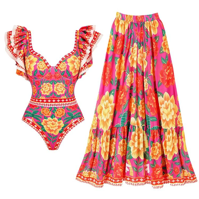 Women Print Ruffle One Piece Swimsuit Off The Shoulder Swimwear Women Sexy Swimsuit Deep-V Bathing Suits Beach Wear Swim Suit