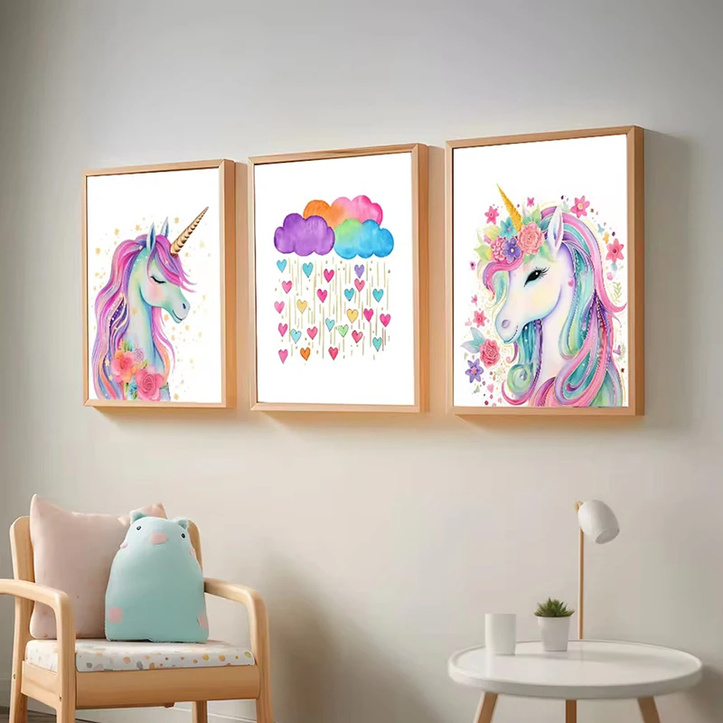 Impresiones artísticas de pared en lienzo de unicornio, nube, arcoíris, póster de unicornio para decoración de habitación de niñas, cuadro de pintura en lienzo bonito, Mural para decoración del hogar