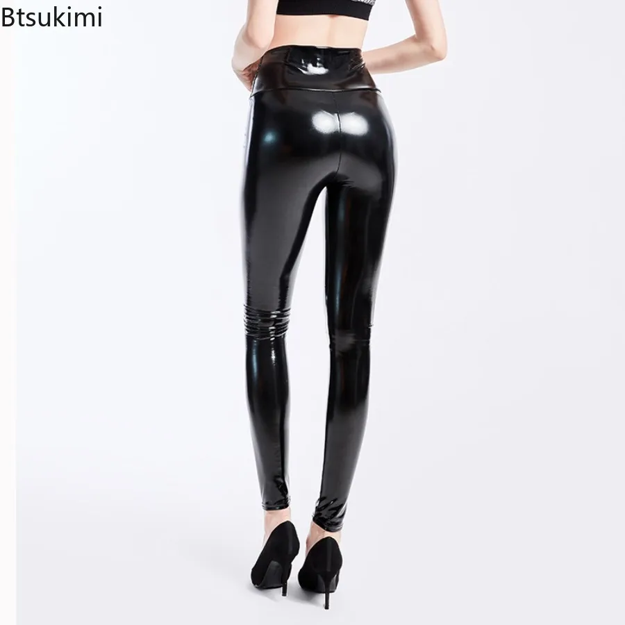 Women Solid Slim Leggings Sexy High Waist Elastic Pu Leather Skinny Pants Shiny Wet Look Metallic Latex Leggings Female Trousers