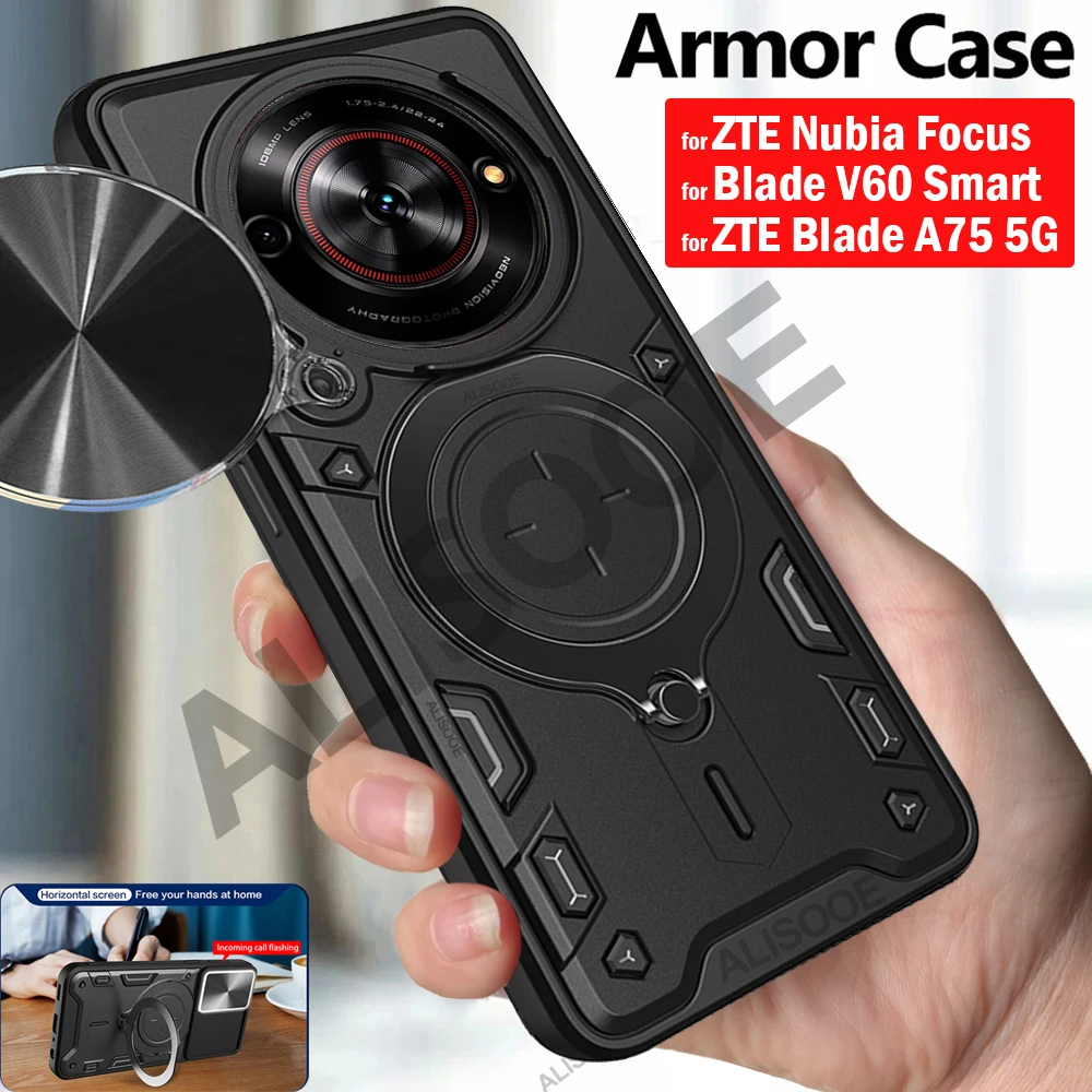 Funda para zte nubia focus 5g caso anel magnético suporte slide câmera capa de proteção para zte lâmina a75 5g v60 capa inteligente