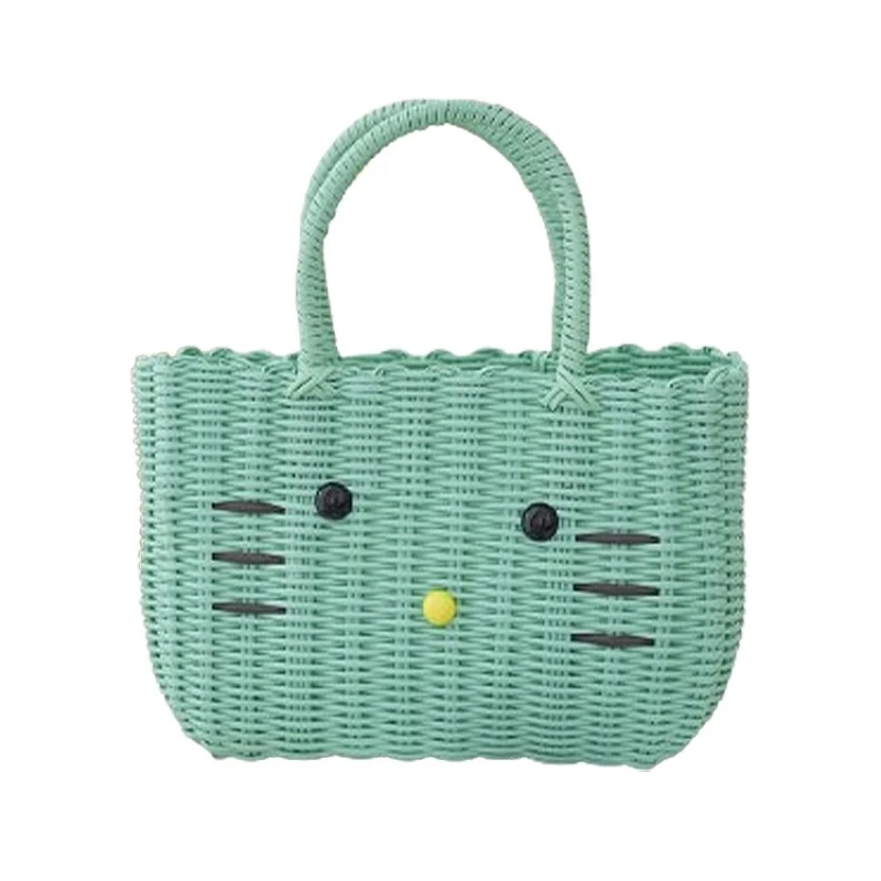 Cute Cat PVC Woven Bag Large Capacity Organizer Bath Shopping Basket Portable Baskets with Handles Beach Bag Vegetable Basket