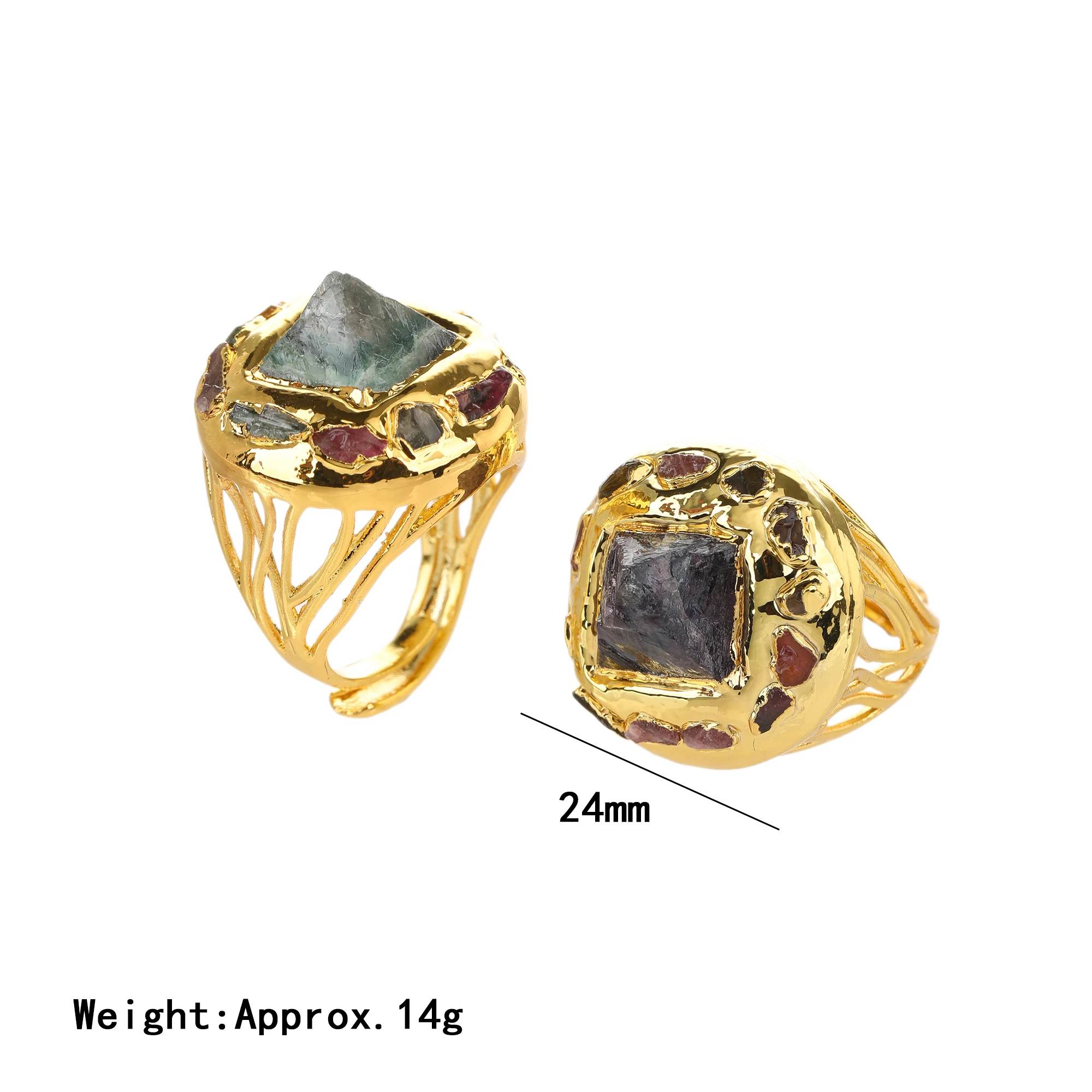 New Style Spire-Shaped Rainbow Fluorite Ring 18K Gold Electroplated Copper Inlay with Outer Circle Inner Square Hot Sale