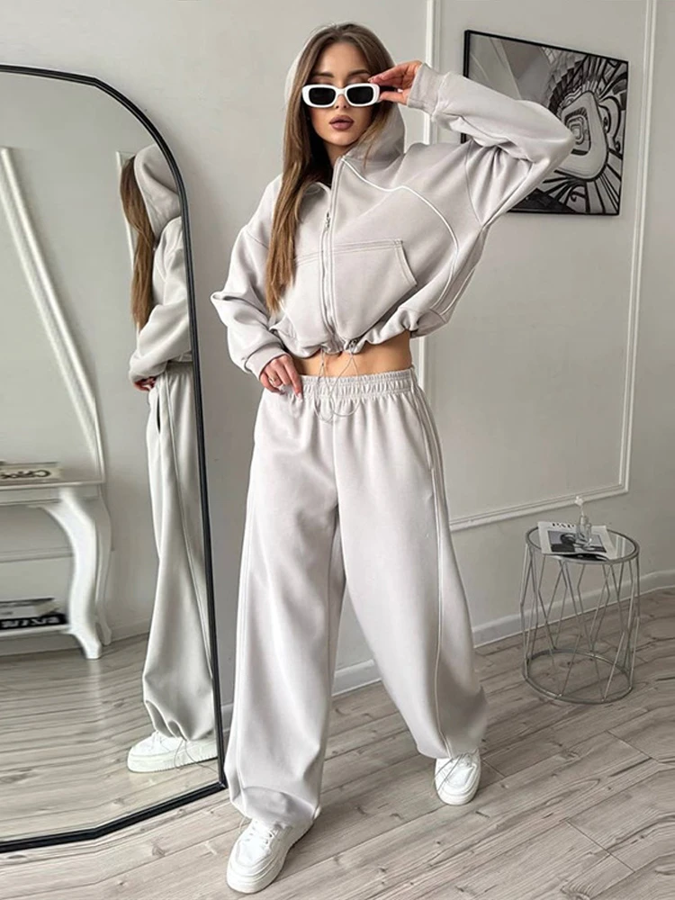 Street Women's Solid Drawstring Short Jacket Pant Set Loose Hooded Full Sleeve Zipper Coat Elastic Waist Pants 2026 Autumn Suits