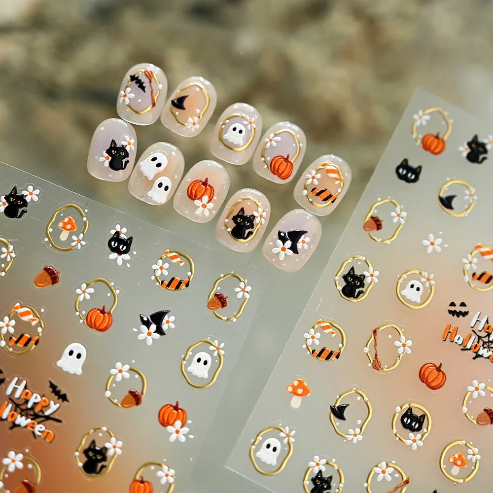 2026 5D Embossed Halloween Nail Stickers Self‑Adhesive Nail Decals with Ghost Pumpkin Cat Mushroom Gold‑Trim Manicure Slider