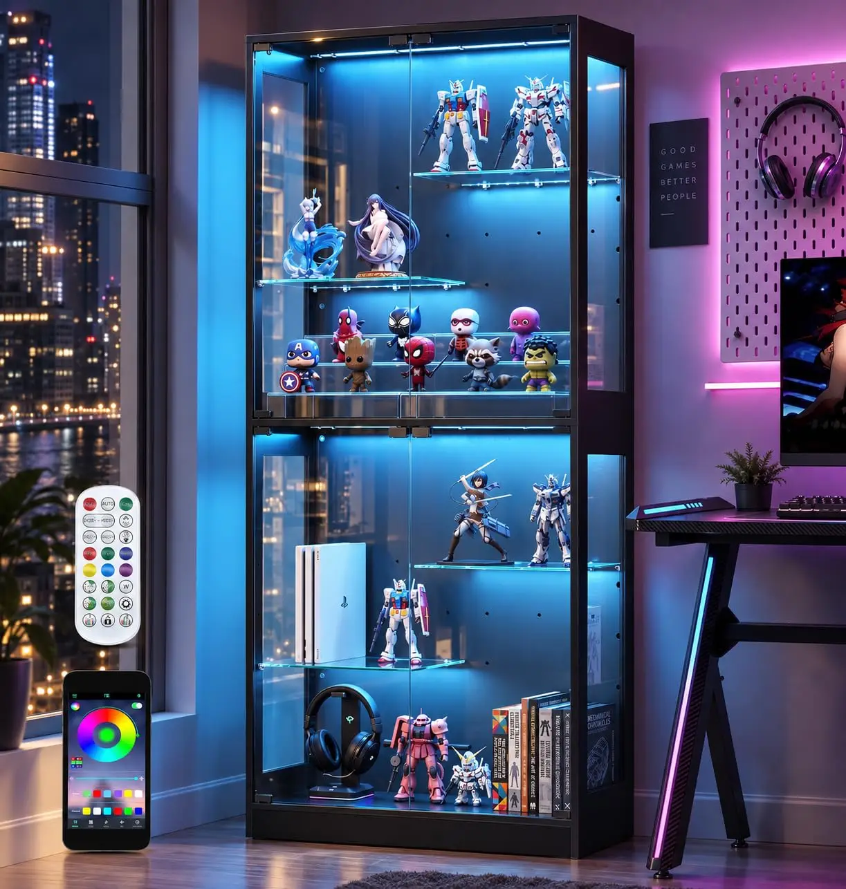 Glass Display Cabinet with RGB LED Light & Adjustable Shelf | Black