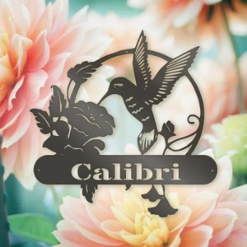 

Personalized Sign Metal Garden Decor Nature Allure Hummingbird Motif Custom Marker Outdoor Feature Floral Delight