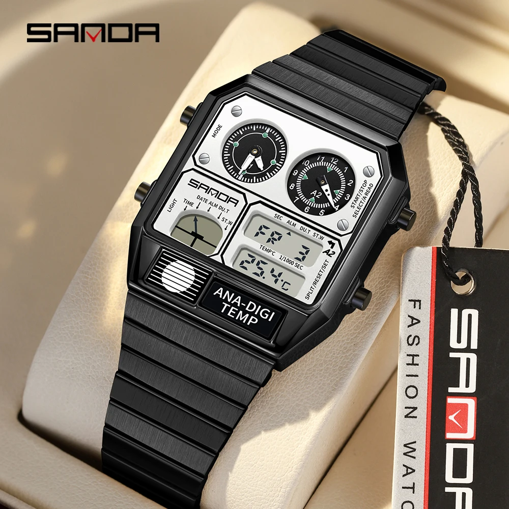 SANDA 3192 Men's Electronic Watch Square Stainless Steel Temperature Measurement Stopwatch Timing Multi functional Watch