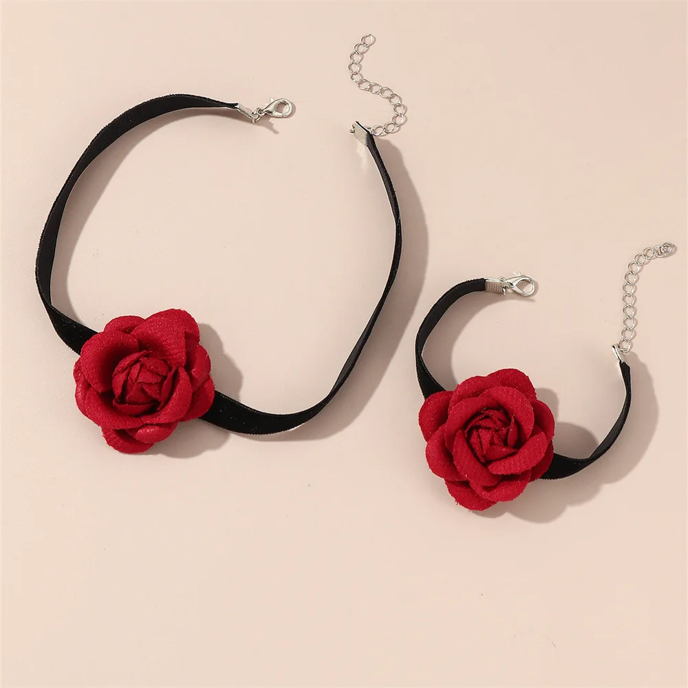 luxury brand Choker Vintage Red Yellow Black Rose Necklace Bracelet Set Two piece set of flower jewelry woman trend 2025