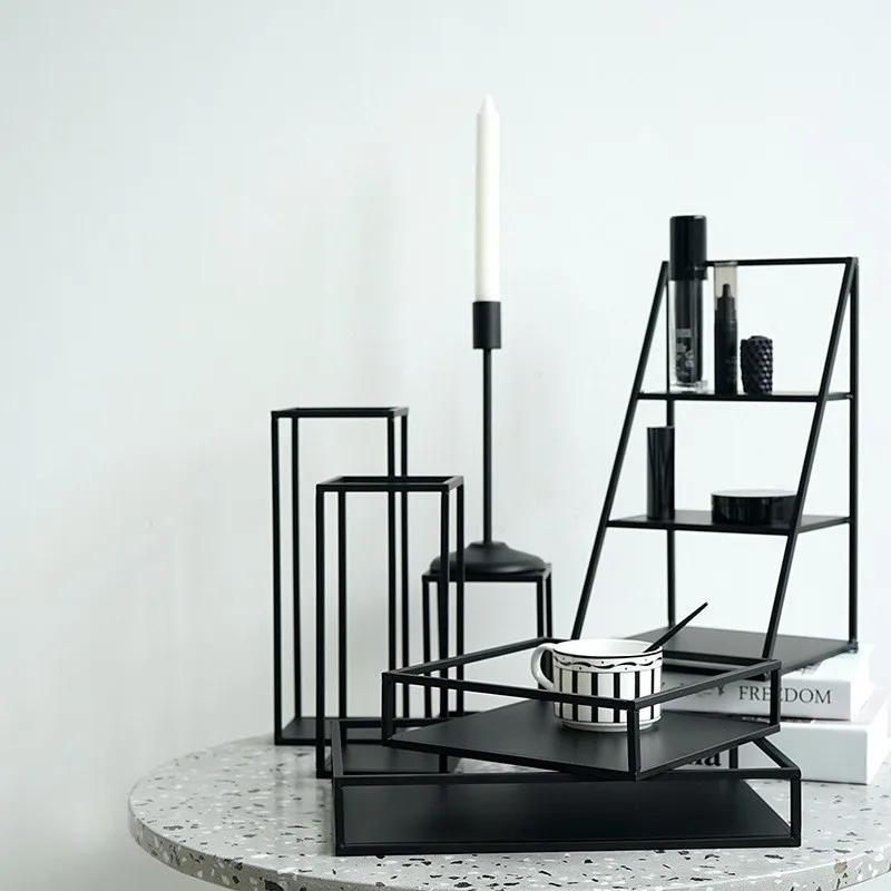 Black Metal Storage Racks Geometry Tray 1 Piece Baby Room Kitchen Decorations Tools Accessories 3 Tiers Iron Frame Holders