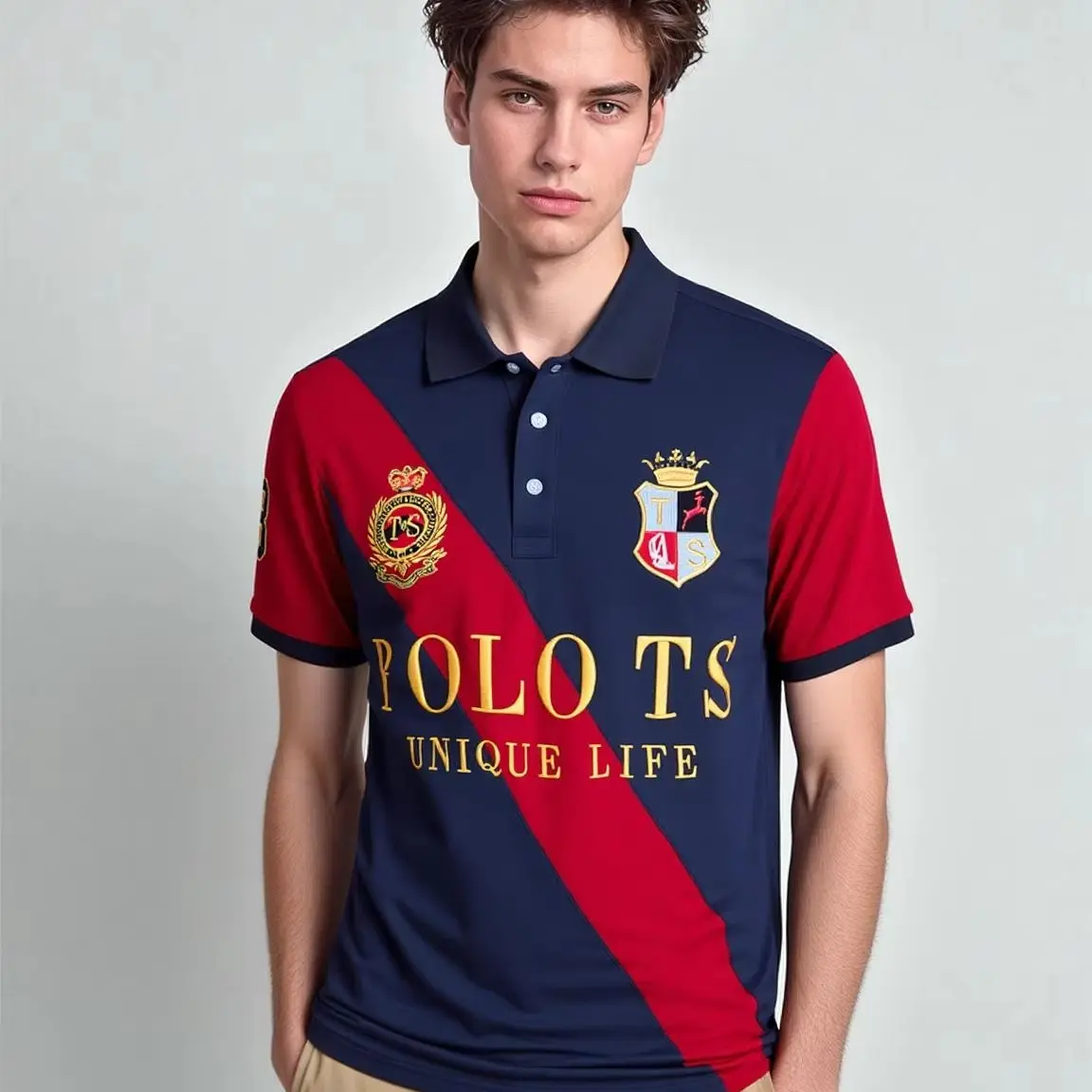Men's Short Polo Shirt British Sports Leisure Diagonal Stitching Color Knit Design Collar Tee Shirt