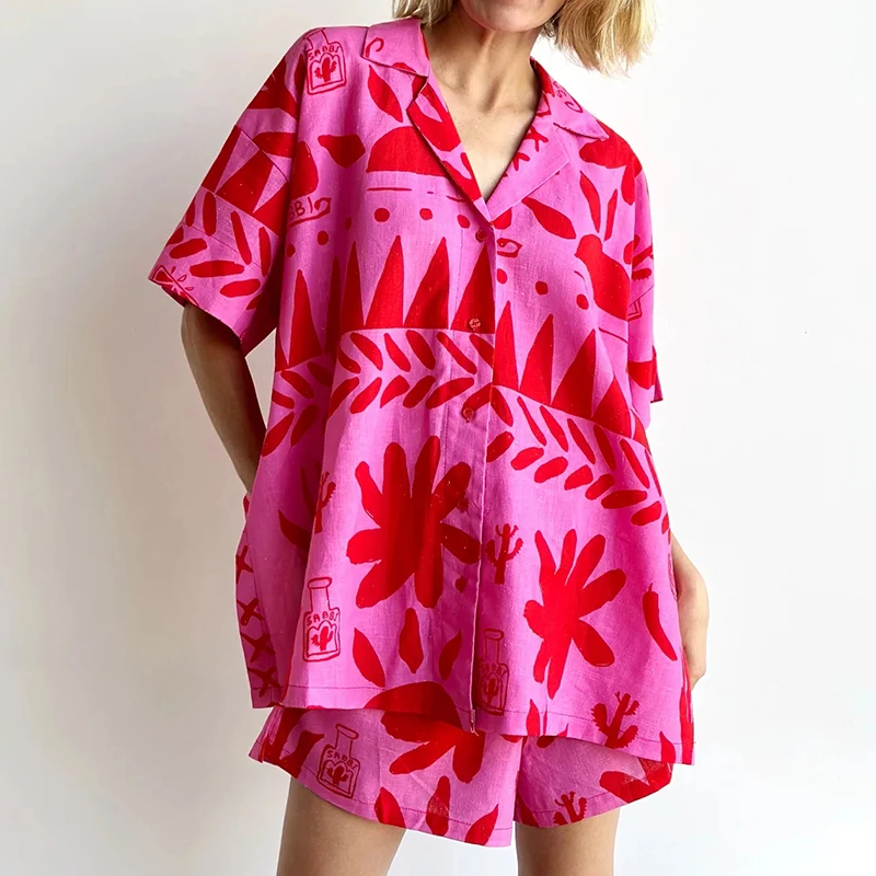 Bohemian Beach Style Graphic Print Loose Fit Button Up Blouse T-shirt Tops + Shorts 2 Piece Set Outfits Women Lounge Suit