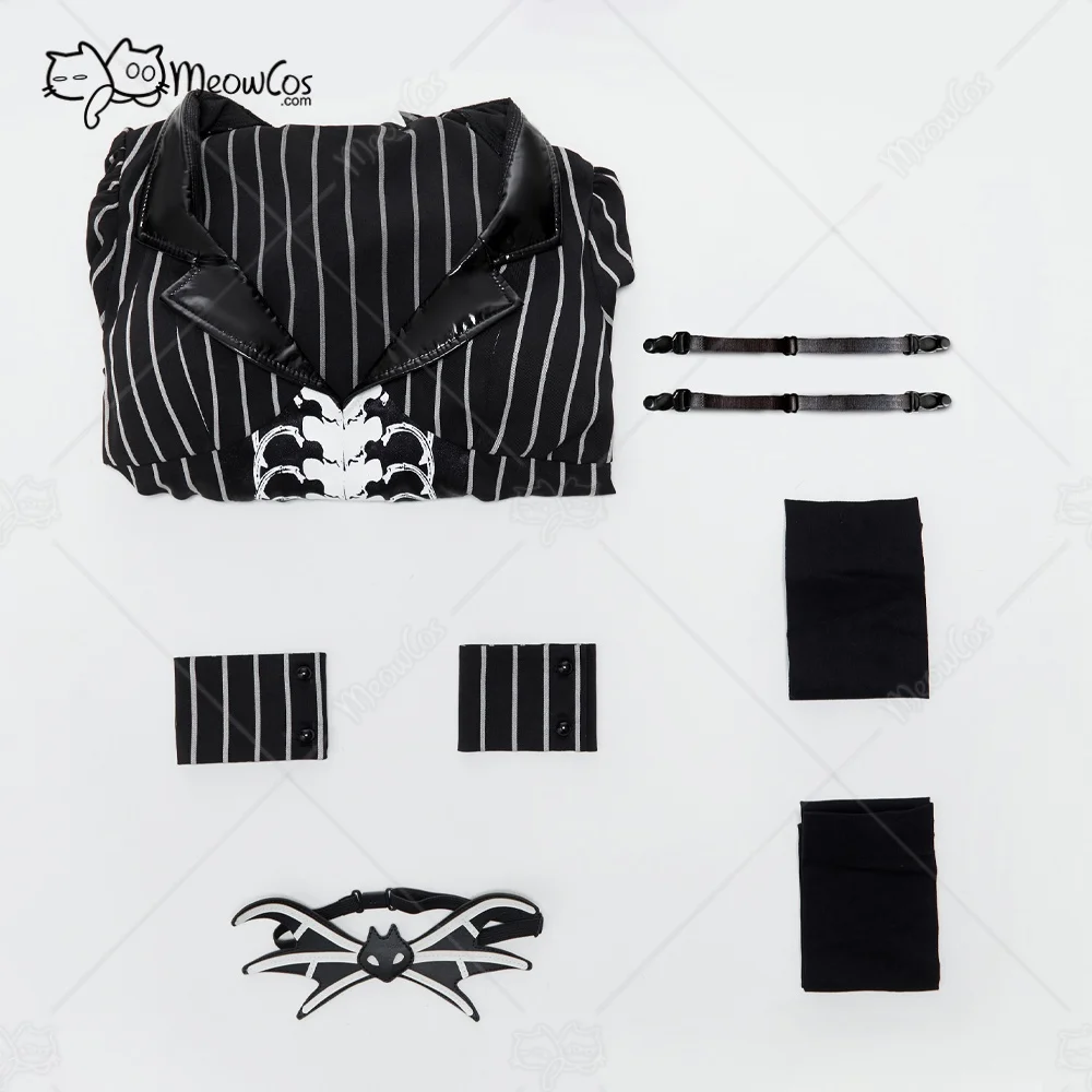 US Stock MEOWCOS Women's Halloween Sexy Bunny Girl Suit Black White Striped Irregular Bodysuit with Sleeves and Socks Costume view 6