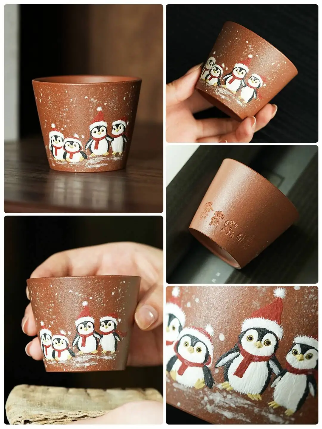 Yihu Chun High-End Yixing Purple Clay Tea Cup, Cute Christmas Little Penguin 100C, Exquisite Hand-Painted Master Cup