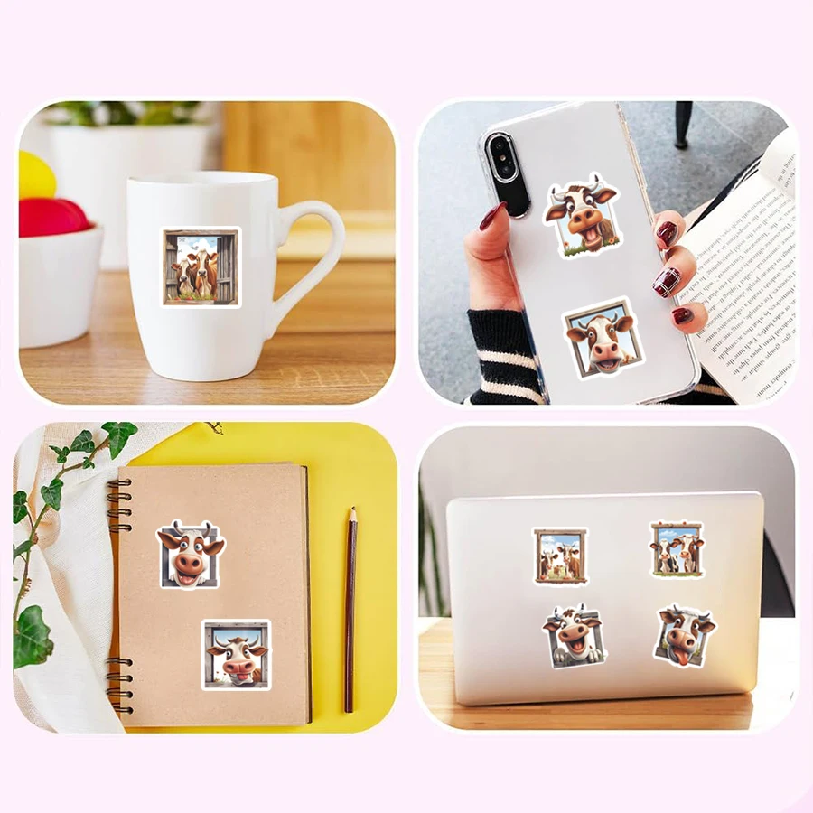 150 Pcs Cartoon Cow Stickers, Funny Square Labels for Journals, Scrapbooks, Bottles, Packaging, DIY Crafts