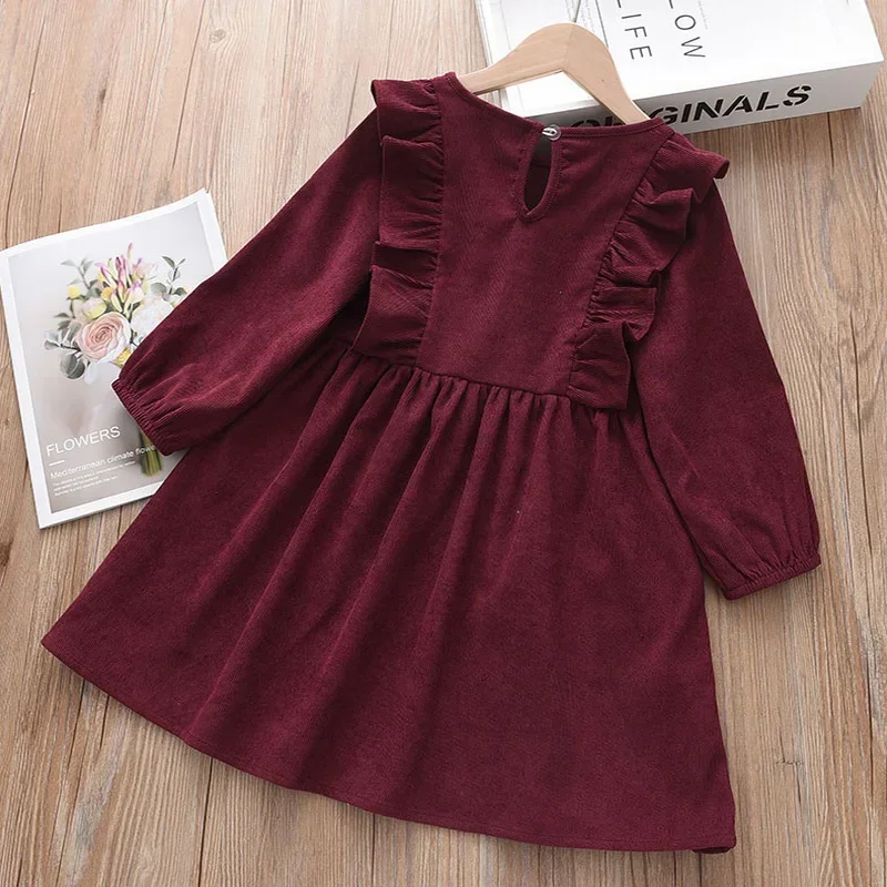 Bear Leader Spring and Autumn Coffee Wine Red Girls Dresses Fashion Solid Color Patchwork Long Sleeve Dress Daily Kids Clothes