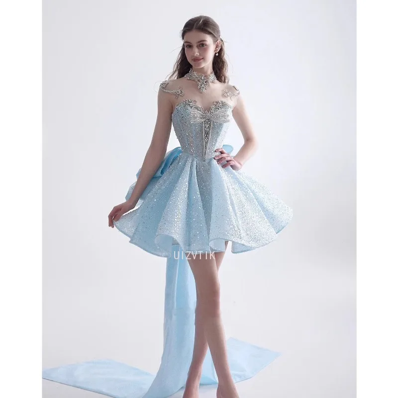 Vestido Fiesta Azul Lentejuelas Lazo Mujer