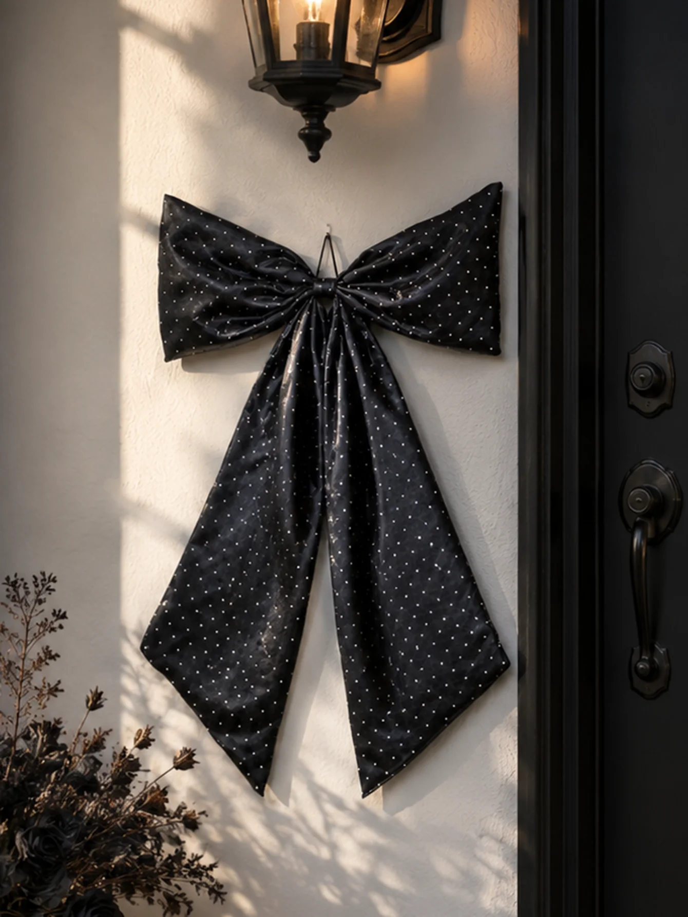 Black Polka‑Dot Large Bow Door Hanger Spooky Gothic Wall Hanging Vintage Halloween Front Door Bow Decor for Porch Indoor Home