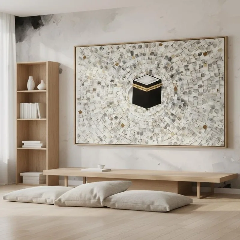 Extra Large Modern Abstract Islamic Mecca Canvas Painting Wall Art, Frameless Textured Kaaba Wall Art Living Room Decortions