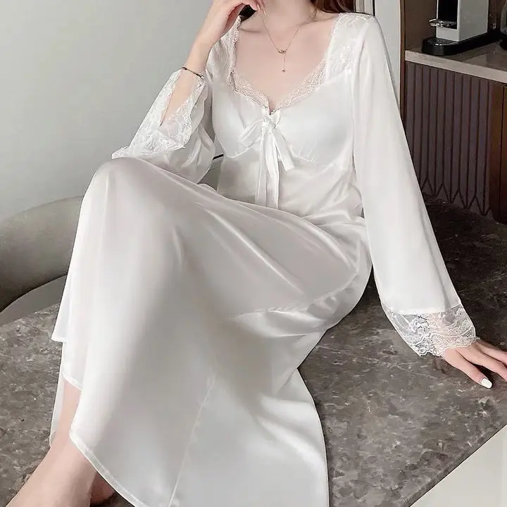 Long Nightgown Women Sleepwear Soft Satin Sleep Dress Nightdress Spring Autumn Home Dress Gown Loose Intimate Lingerie Nightwear