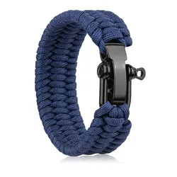 Parachute Cord Woven Military Camping Bracelet for Men Black with U-Type Buckle Three-Holes Holes Adjustable Emergency Buckle