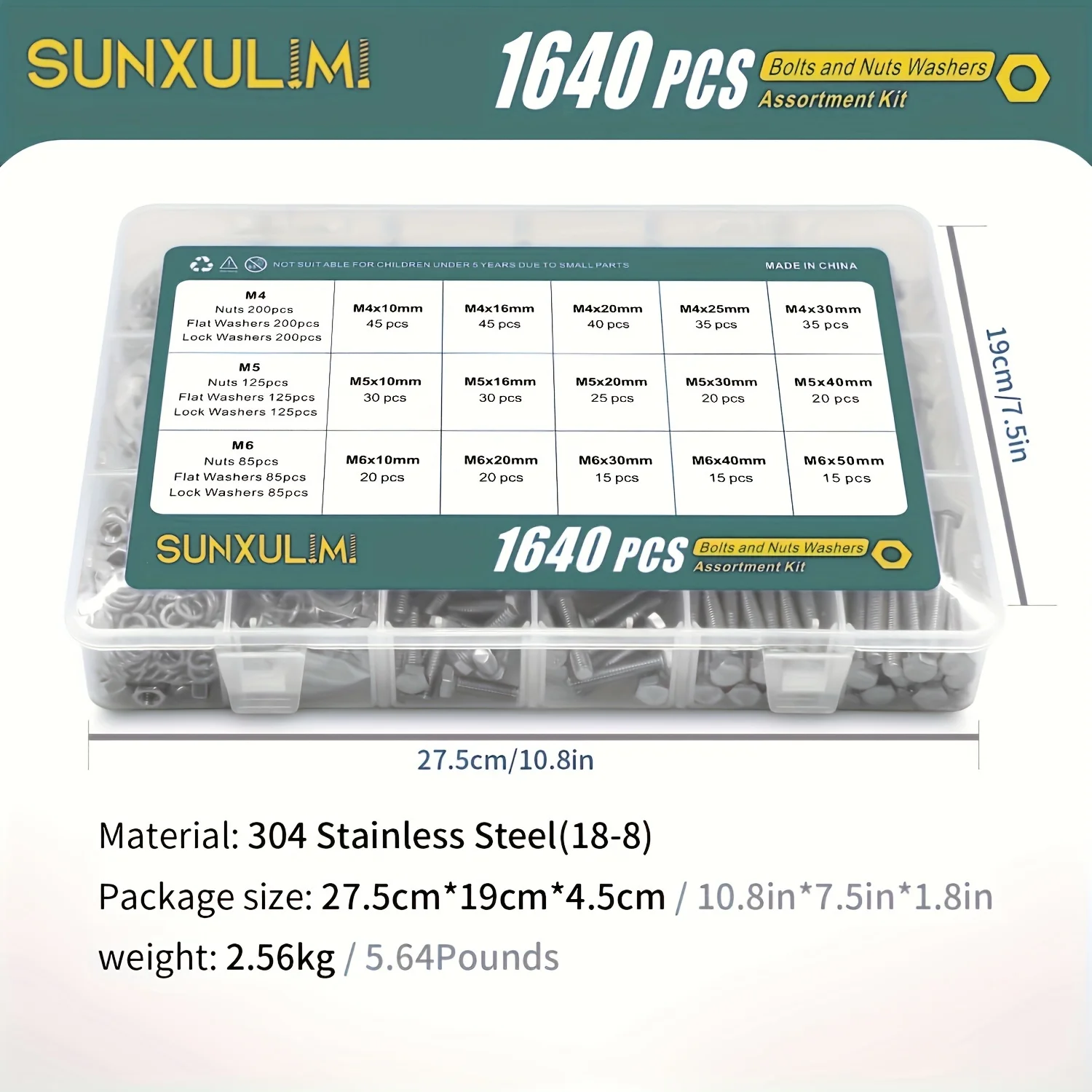 720PCS 1640PCS M4 M5 M6 Bolts and Nuts Assortment Kit 304 Stainless Steel(18-8) Hex Screws Nuts & Washers