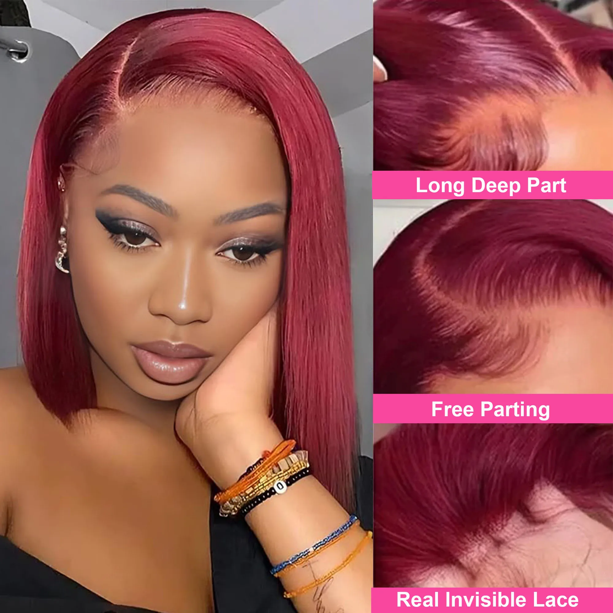 99Jバーガンディ人毛ウィッグボブ13x4ストレートレースフロント100%人毛ペルーショートボブウィッグ女性用ワインレッドフロントウィッグ