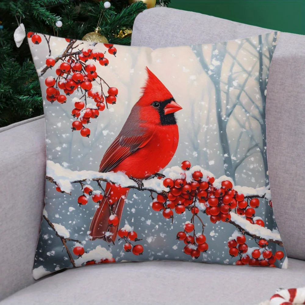 Happy Holidays Cardinal Bird Red Berries Double Sided Pillow Cover Concealed Zipper Cushion Sofa Bed Car Decor No Insert
