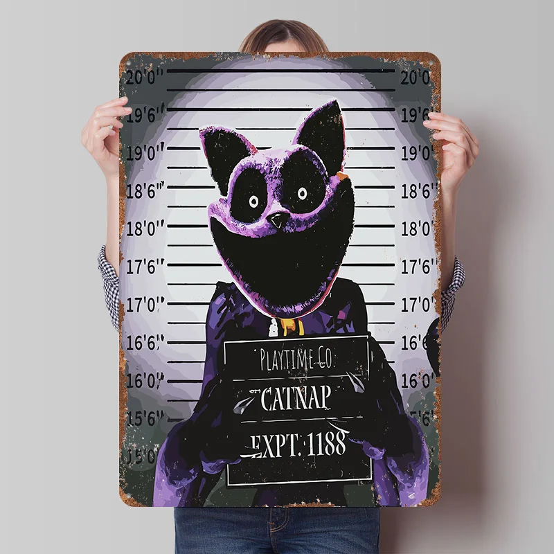 CatNap Mugshot From Poppy Playtime - Póster Metálico Personalizado, Arte de Pared Retro Vintage, Letreros de Hojalata para Decoración de Habitaciones y Paredes