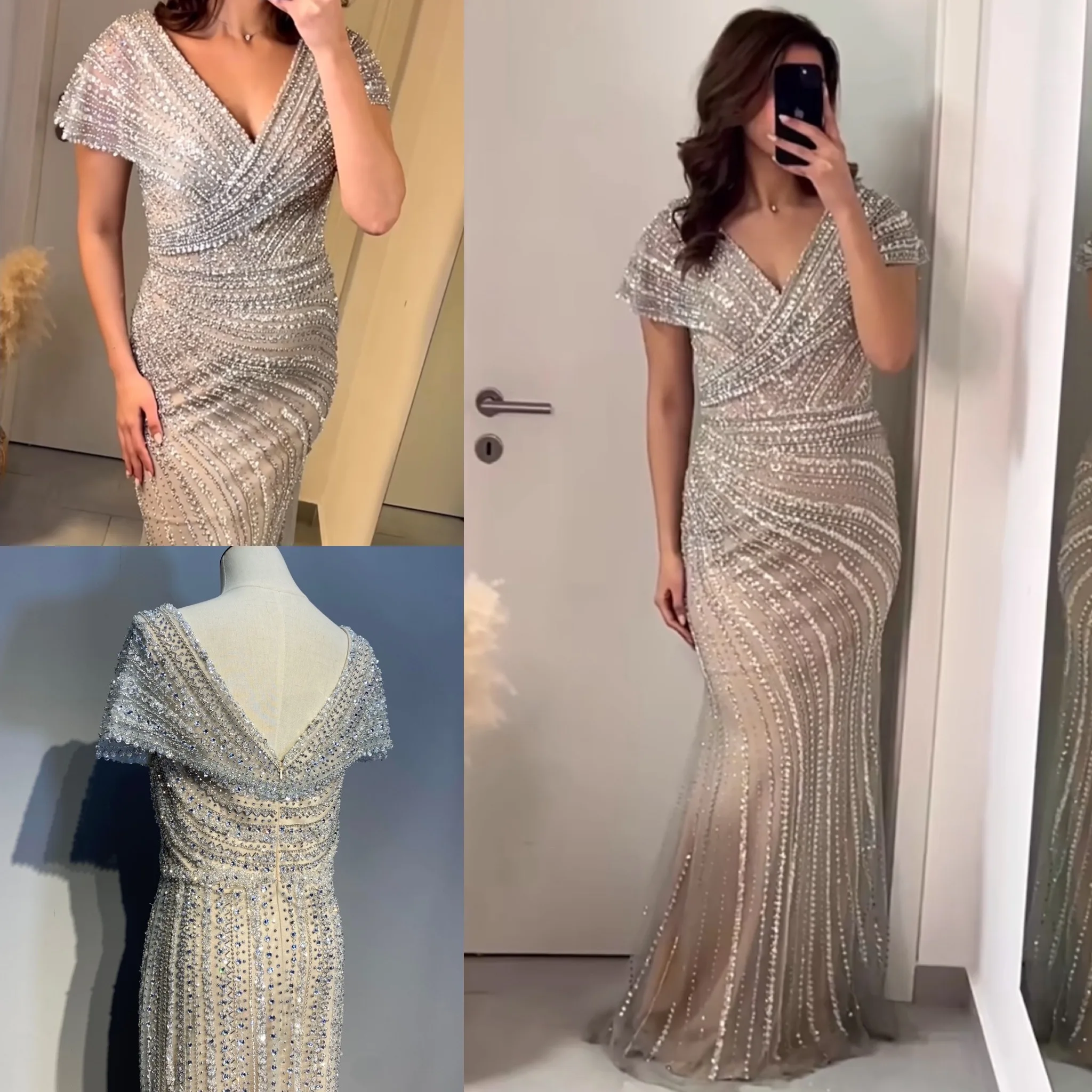 

Luxury Dubai Silver Nude Mermaid Evening Dresses for Women Wedding Elegant Cap Sleeves Arab Formal Party Gowns