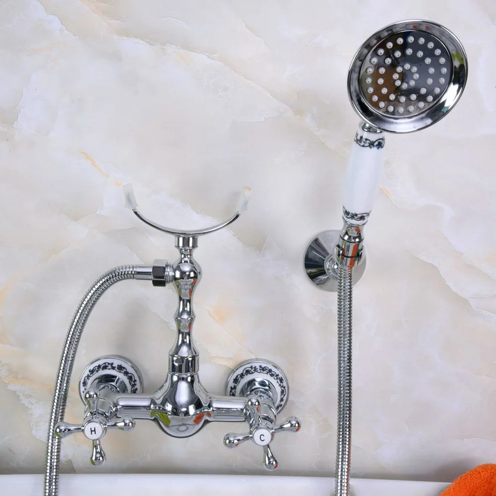 

Polished Chrome Brass Wall Mounted Bathtub Faucet with Handheld Shower Set +150CM Hose Mixer Tap 2na254