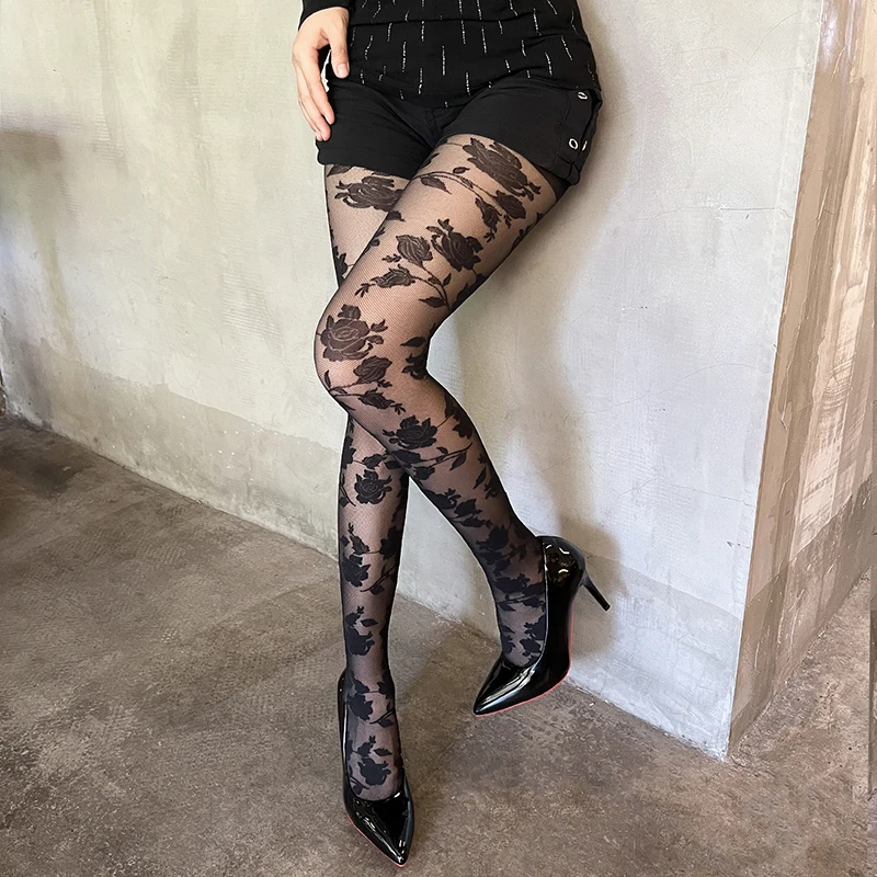 2026 Spring Rose Floral Sheer Tights Women Nylon Thin Retro Pantyhose Women Sexy Charming Long Stockings Y2K Style