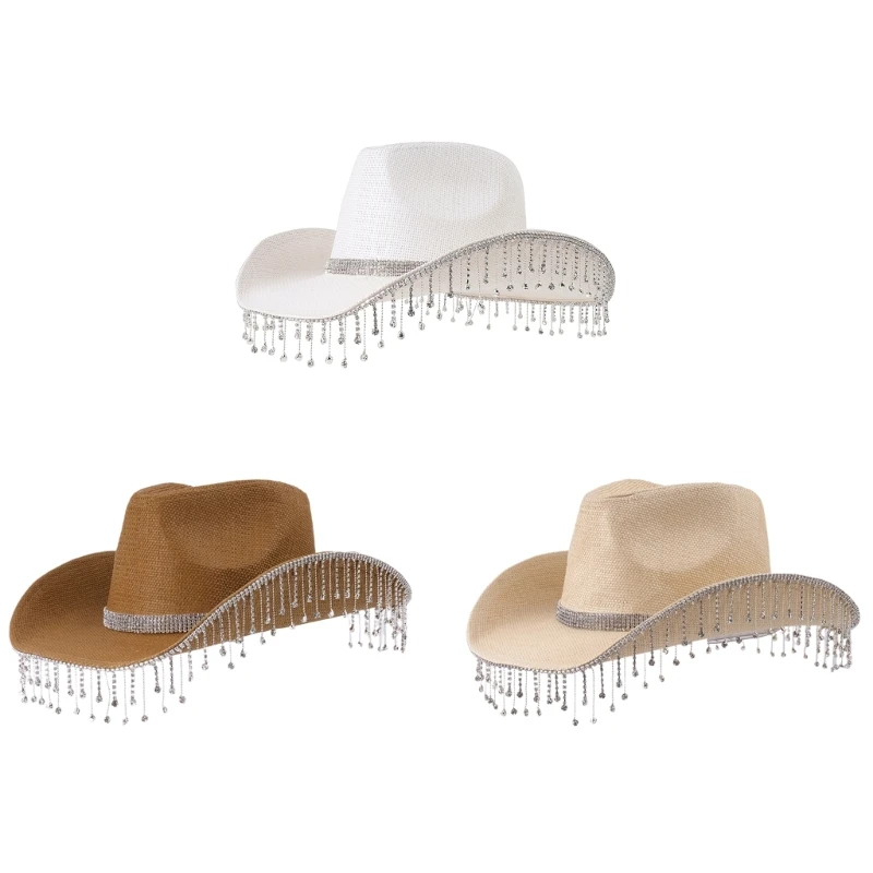 

Rhinestones Fringed Cowboy Hat for Adult Wide Brims Straw Hat Fashion Nightclub Party Hat Unisex Spring Vacation Sun Hat