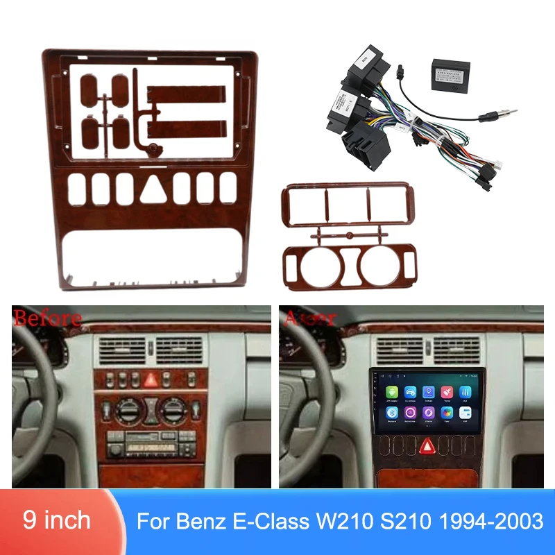 For Mercedes Benz E Class W210 S210 1994-2003 9 Inch Radio Dashboard Panel Trim Kit With Wiring Harness CANBUS Adapter