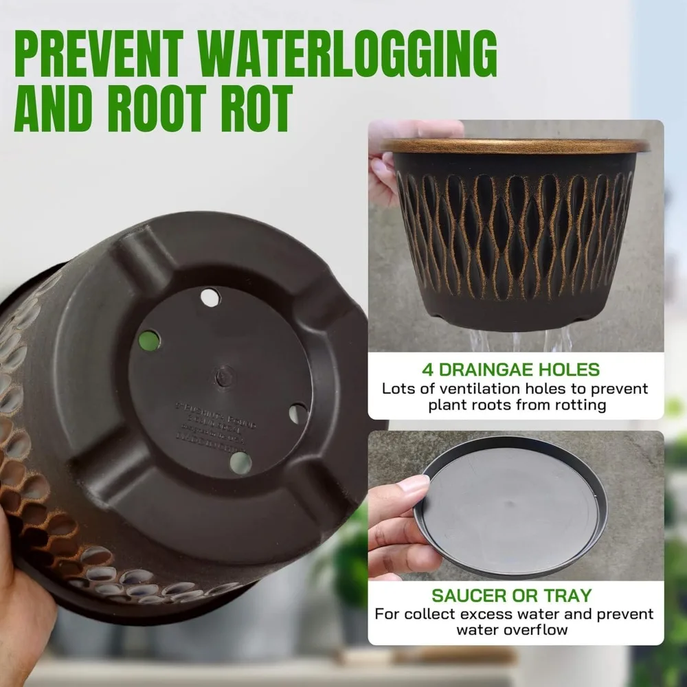 

4 упаковки 16-дюймовых винтажных полосатых горшков для растений с дренажем и блюдцем, большие пластиковые горшки для декора сада в помещении и на открытом воздухе